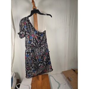 Raga Women Floral One Shoulder Mini Dress Black Lurex Pom Pom Trim Size M